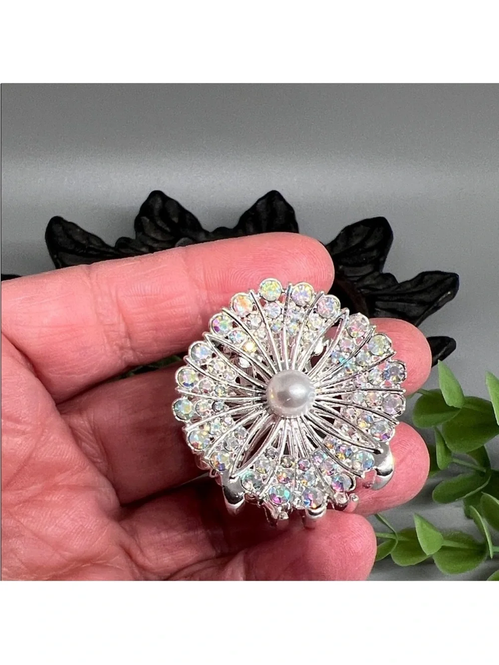 Silver Floral Crystal Hair Clip with Pearl Center FINAL PRICE DROP